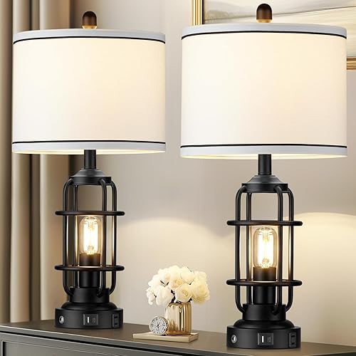 Miniatura 14 de Lámparas de granja con puertos de carga USB A+C y salida de CA, lámparas de mesa industriales rústicas vintage, lámpara de metal con luz nocturna