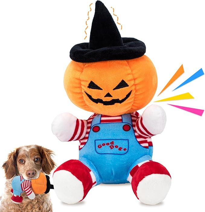 Halloween Dog Squeaky Toy - Pumpkin Plush Chew Toy with Crinkle Paper, Durable Stuffed Toy for Small, Medium & Large Breeds, Festive Halloween Pet Toy