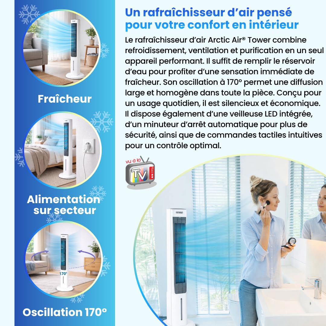 VENTEO - Rafraichisseur d'Air Colonne | Ventilateur Portable | Climatiseur mobile pour Intérieur | Oscillant 170° | Réservoir Grande Autonomie | Air Frais Purifié | Silencieux pour Chambre Salon