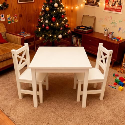 PETIT BATEAU Juego de mesa y 2 sillas de madera maciza para niños pequeños, muebles de madera modernos con diseñador irlandés para 2 a 8 años, verde