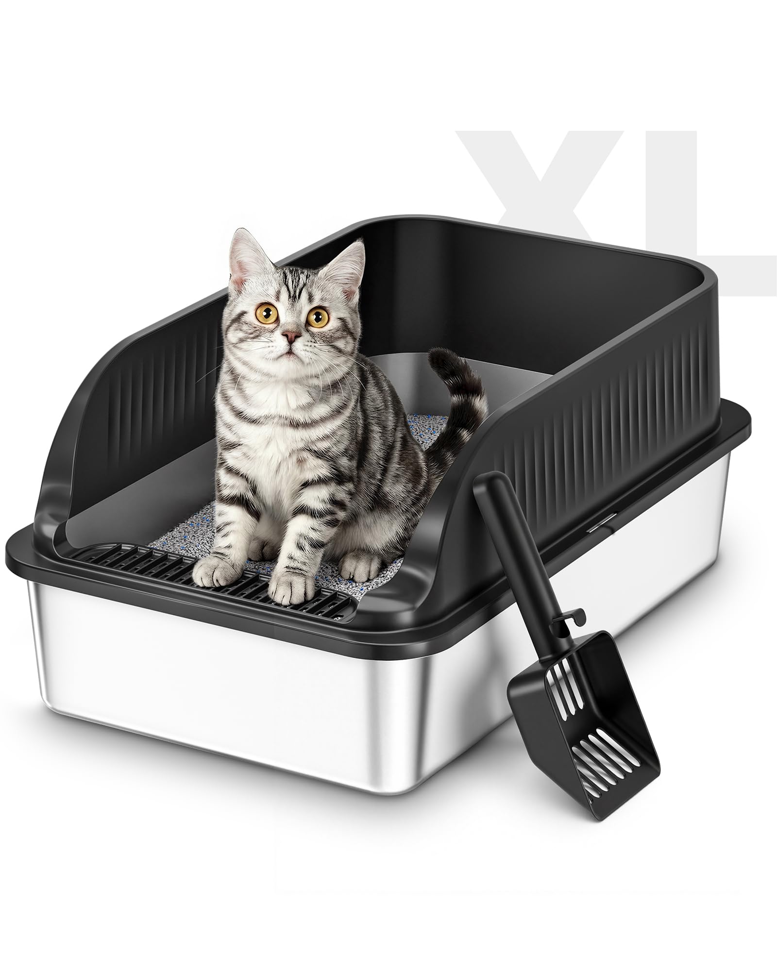 Lettiera Gatto Acciaio Inox, Lettiera per Gatti con Paletta, Semi-Chiusa Toilette per Gatti Grande XXL, Sabbiera Alta Rimovibili, Antiodore, Facile da Pulire, Antiaderente e Spaziosa, Nero