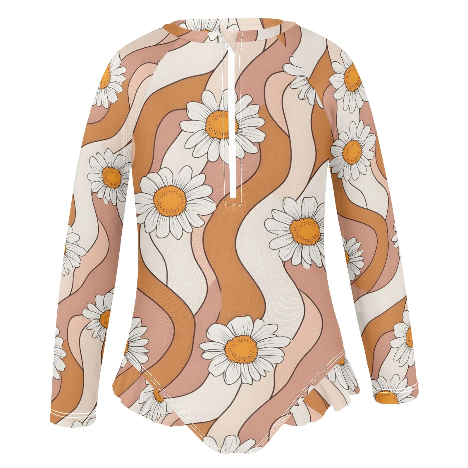 ALAZA Swimsuit for Girls Long Sleeve Rashguard Bathing Suit Orange White Striped Daisy Quick Dry 4T