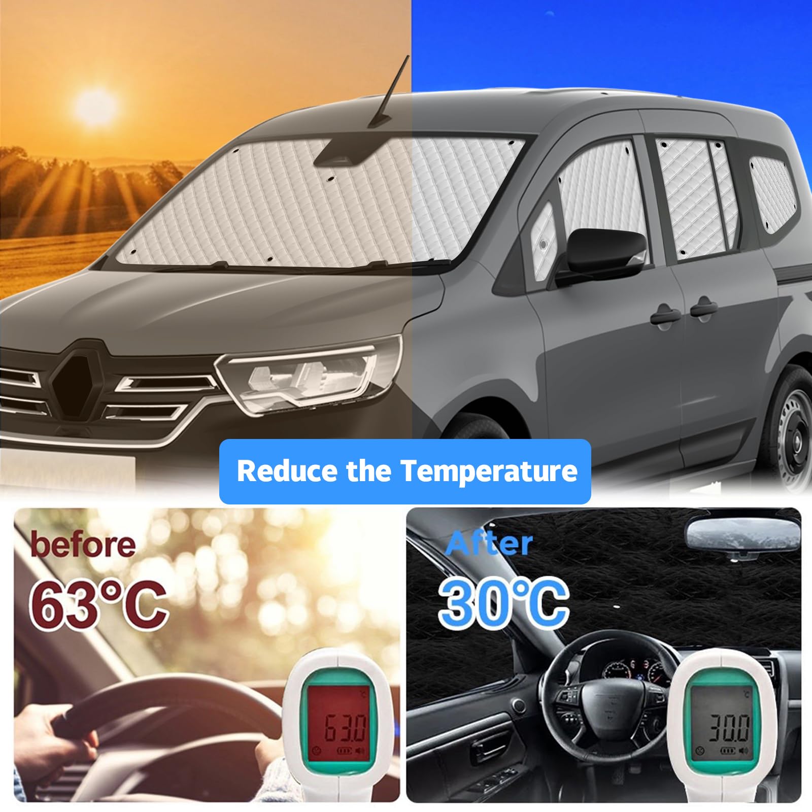 Sonnenschutz Frontscheibe Kompatibel mit Renault Kangoo III XFK 2020-2025, 10 PCS Sonnenschutz Windschutzscheiben Schutz Set, Internes Thermomatte, Auto Faltbar Sonnenblende