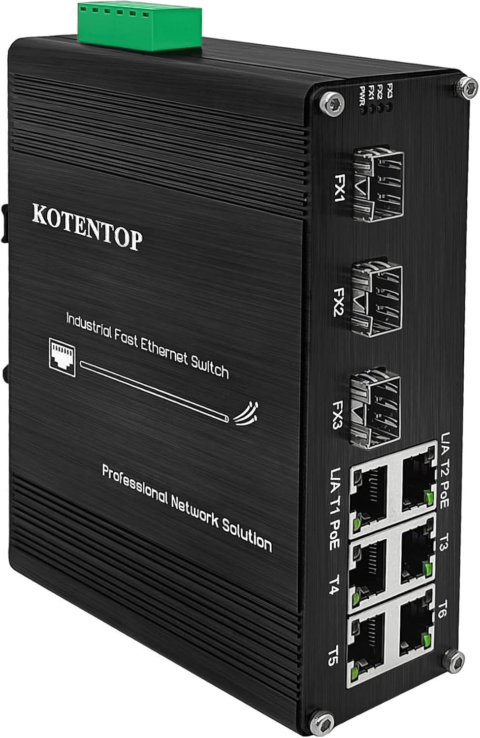 9-Port Unmanaged Industrial Ethernet Hardened Network Fiber Switch with 6 x 10/100Base-T RJ45 Plus 3 x 100Base-FX SFP,Support 12~48VDC, IEEE802.3af/at POE Budget 180W,IP40,DIN Rail Mounting, Safety