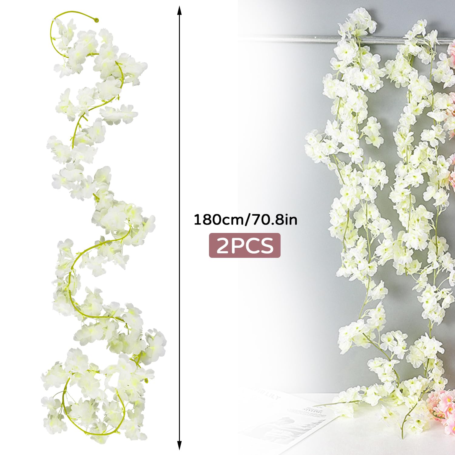 2 Pièces X1.8cm -Champagne Fleur Artificielle Fleur De Cerisier Suspendu Vigne Guirlande Fleur Feuille De Vigne Cloture Famille Cloture Jardin Mariag 91893838