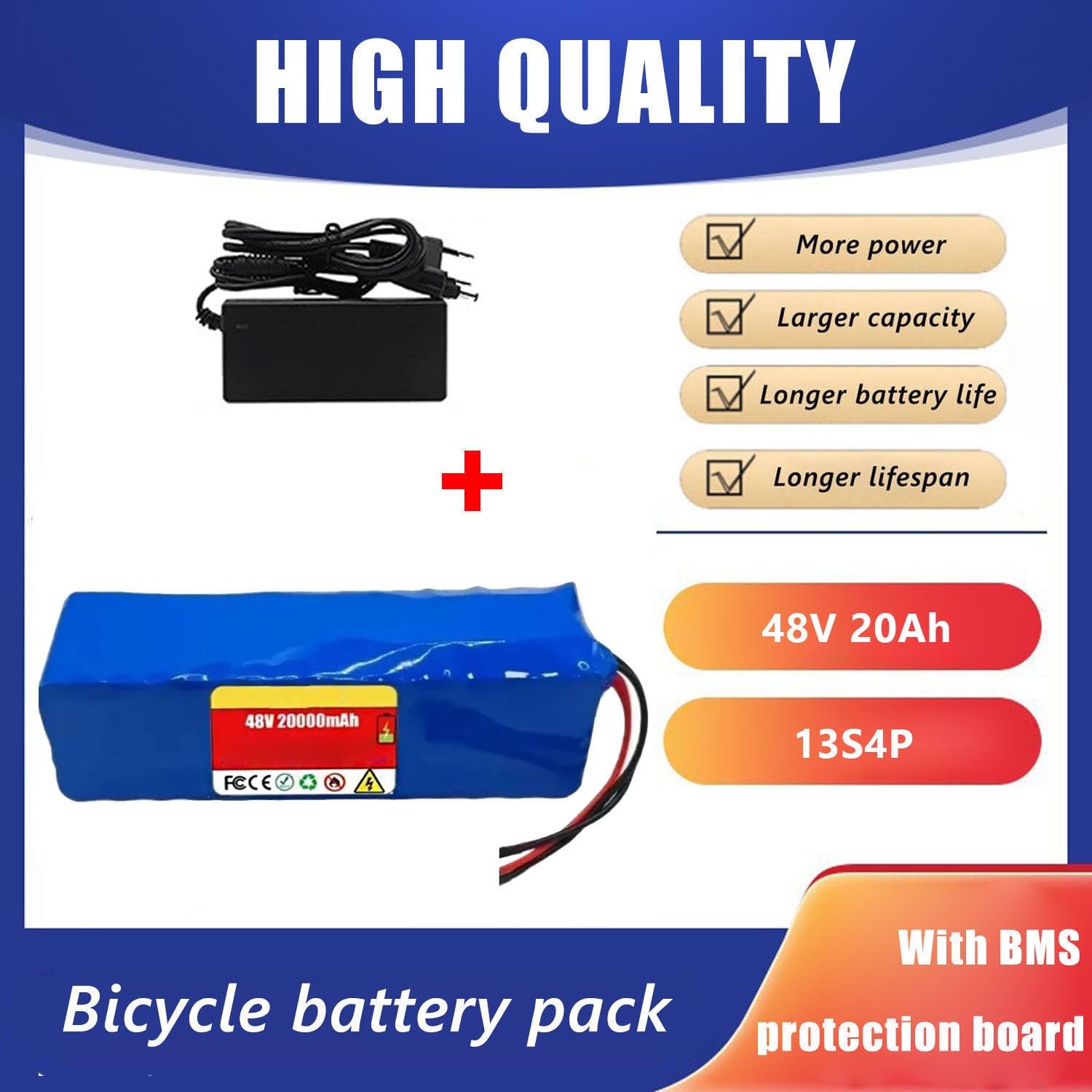 Batería For Scooter Eléctrico De 48 V, Bicicleta Eléctrica 20 AH, Impermeable 13S4P Con Cargador 54,6 2 A For Motores 100 W, 350, 500, 700, XT30, Ah(T)