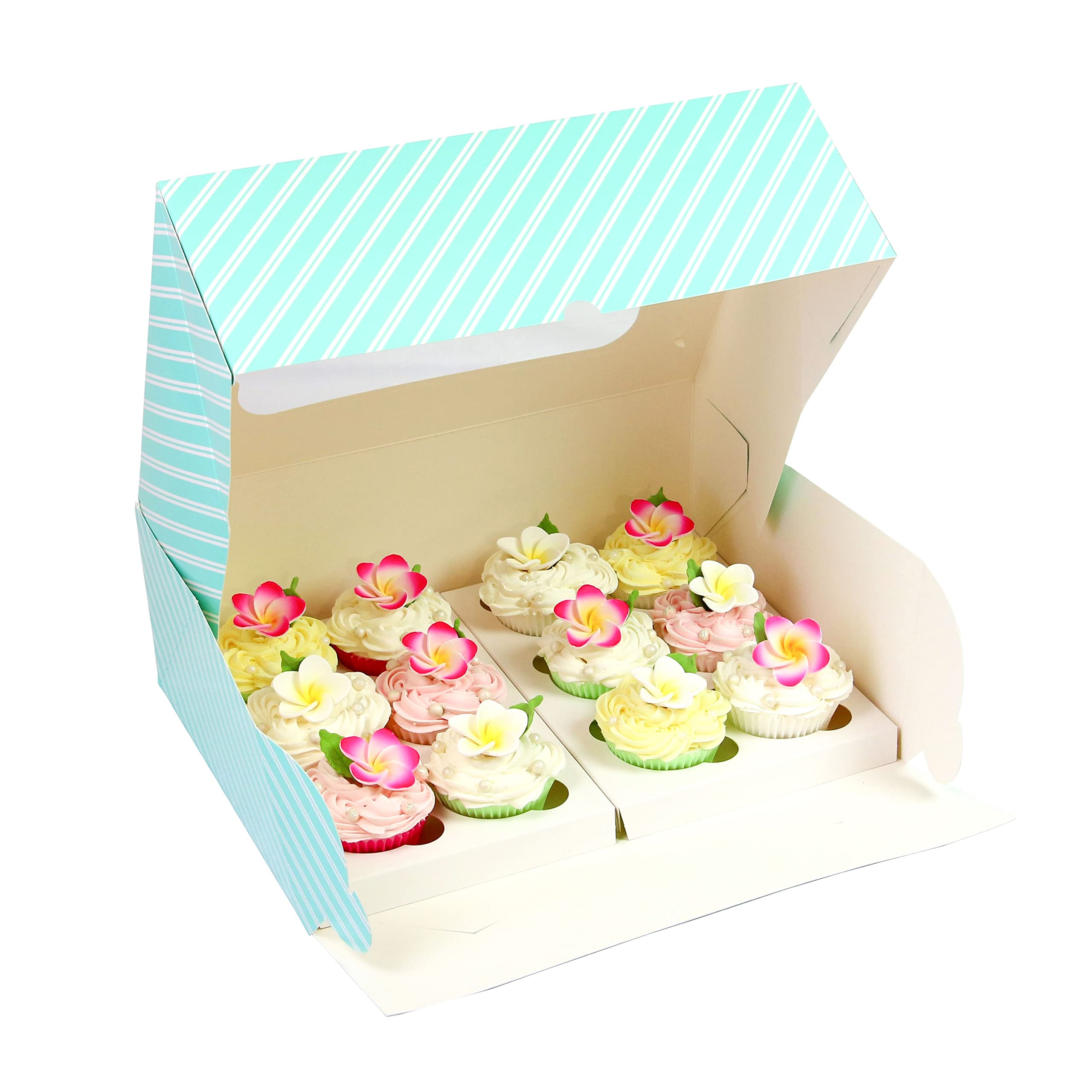 Global Sugar Art Caja de 12 cupcakes con ventana e inserciones para cupcakes, diseño de rayas azules de 14 x 10 x 4 pulgadas, 5 unidades