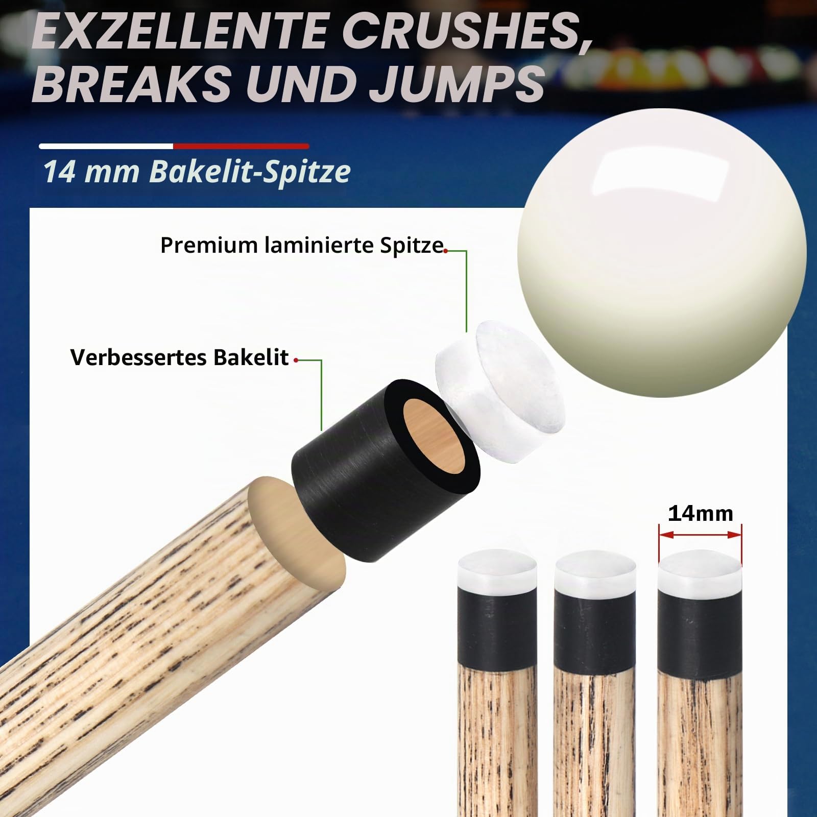 AKLOT Pool Queue, Schwerer Sprungbruch Pause Billard Queue 21/23/23~25/28oz 1 Stück Pool Stick 14mm Bakelite Tip für Explosive Breaks und Mühelose Sprünge