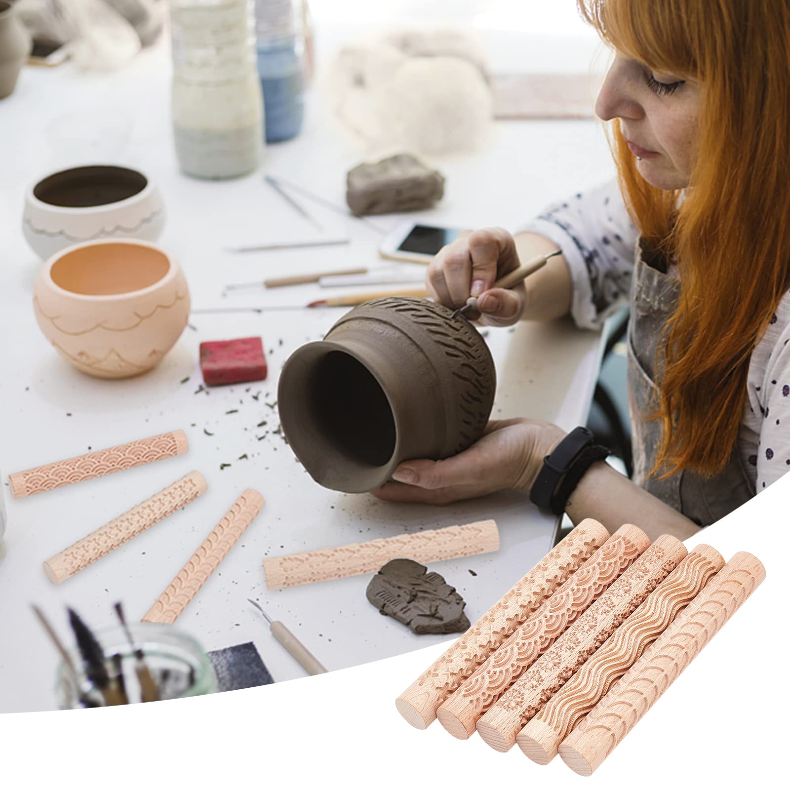 GORGECRAFT 5 Styles Manche en Bois Argile Texture Rouleau 6 Pouces Modélisation Modèle Poterie Outils Main Argile Dalle Rouleaux Broches pour Céramique Pâtisseries