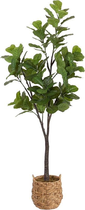 Fidmont Faux Fiddle Fig Tree with Livia Woven Basket, 6 FT, Natural Water Hyacinth, Potted Artificial Tree Indoor with Realistic Foliage and Added Moss, Fake Plant for Living Room