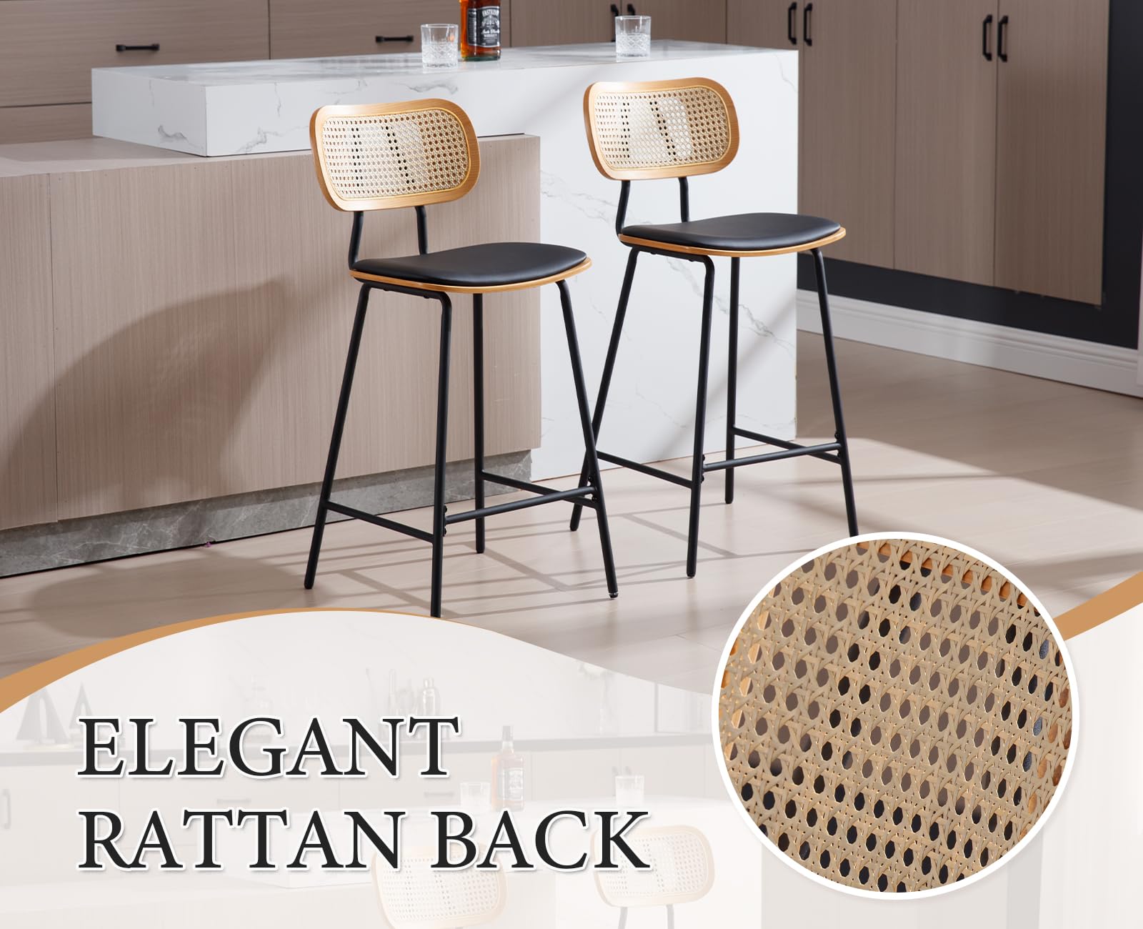 Ya-Home Set di 2 Sgabelli da Bar Sgabelli Cucina Retrò in Rattan Sgabelli Alti con Cuscino in Ecopelle Sedia da Bar con Gambe in Metallo per Cucina Bancone,Nero