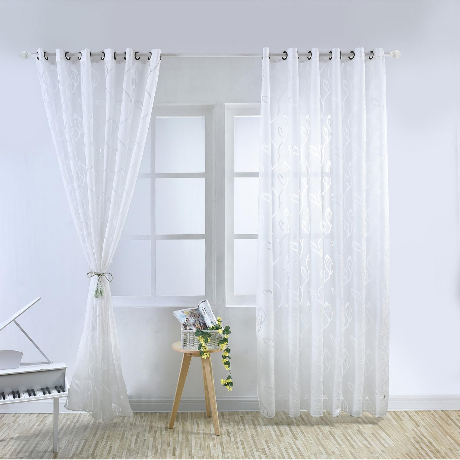 SSWH White Voile Curtains, 2 Panels Sheer Net Curtains Light Filtering Voile Panel with Leaf Pattern for Bedroom Living Room(Size:100x250cm/W 39" x L 98" (2 Panels),Color:White)