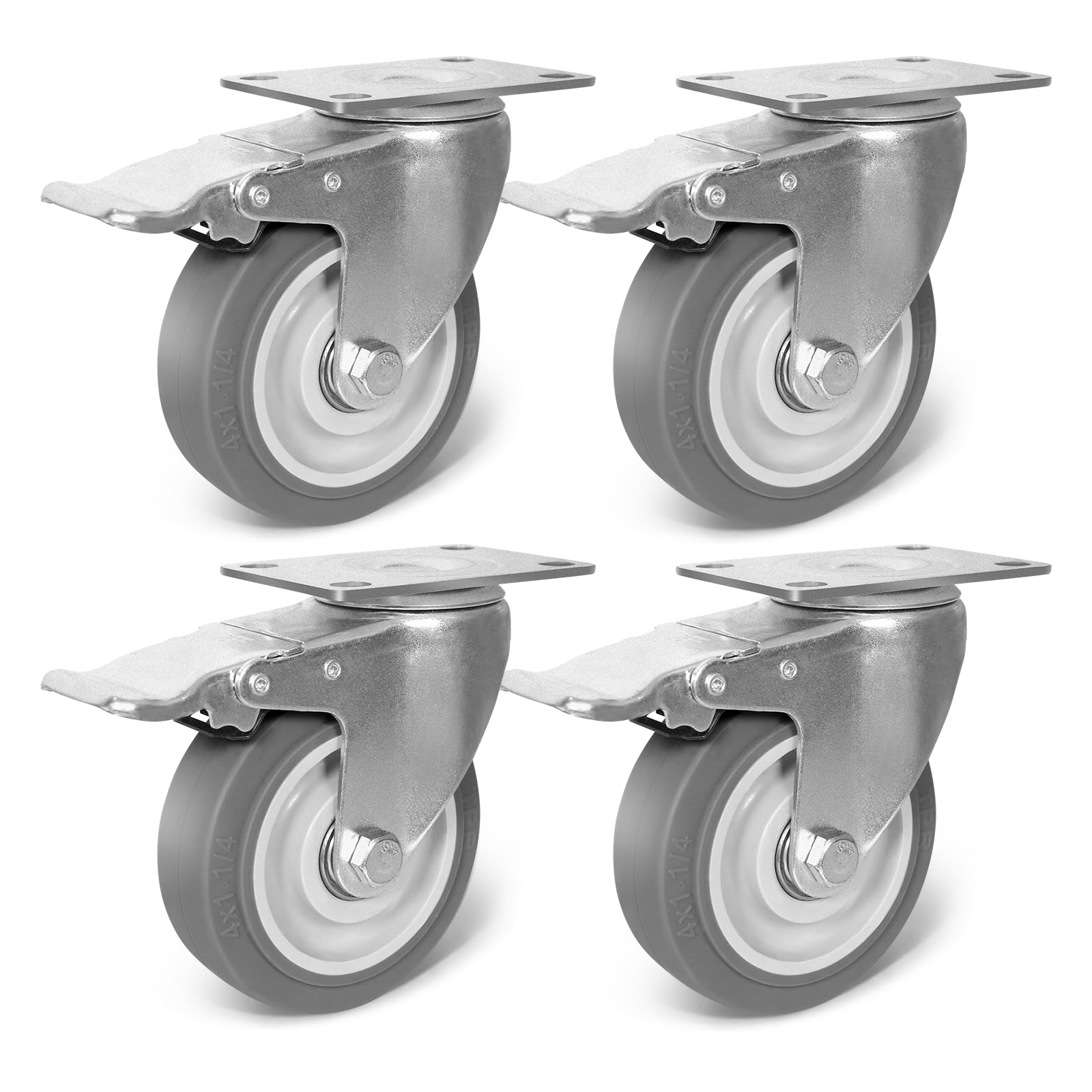 Sohnvwtgd 4 Total Lock Brake 4 Inch Caster Wheels, Rubber Wheels Silent Castor- Set Of 4 Heavy Duty Caster Wheels With Brake 1600Lbs, Industrial Plate Casters Wheels For Cart Furniture Workbench (4 Brake)
