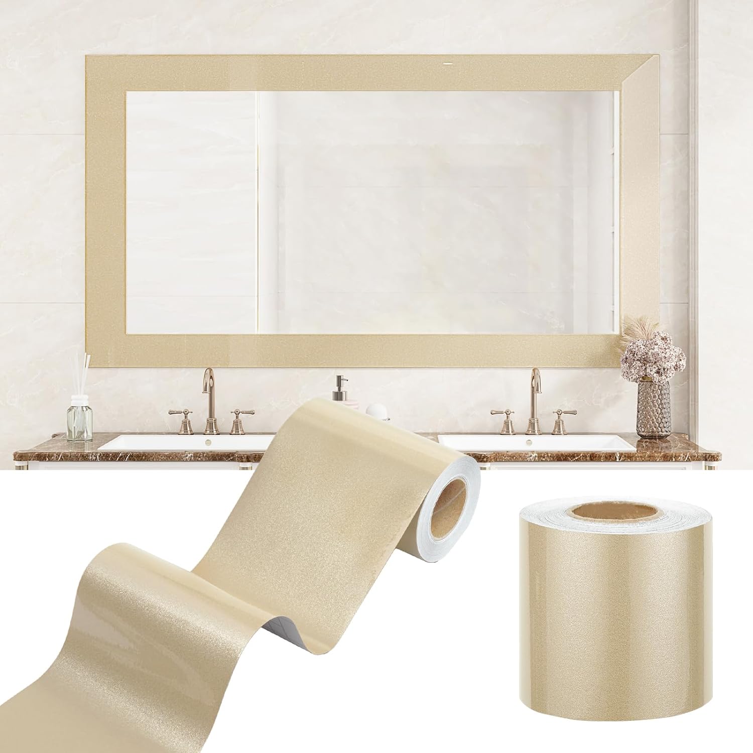 WESTICK Glossy Champagne Gold Wallpaper Borders Peel and Stick Bathroom Waterproof Mirror Tape Border Removable Decorative Shiny Gold Trim Border for Bulletin Board Classroom Office Bedroom 4" x 160"