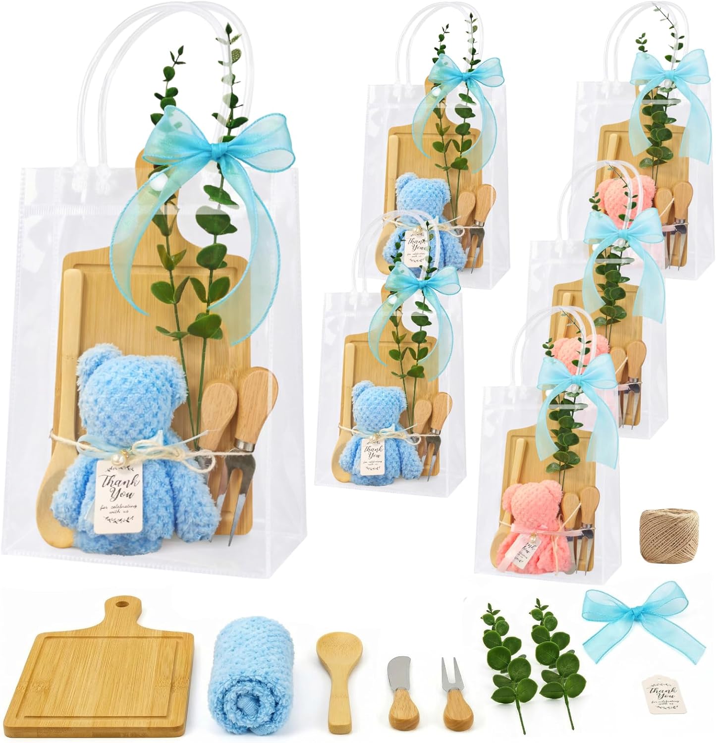 6 Sets Baby Shower Prizes for Winners 55pcs Baby Shower Game Prizes Bamboo Cheese Board Spoon Fork Butter Spreaders Towel for Wedding Bridal Shower Prizes Gifts
