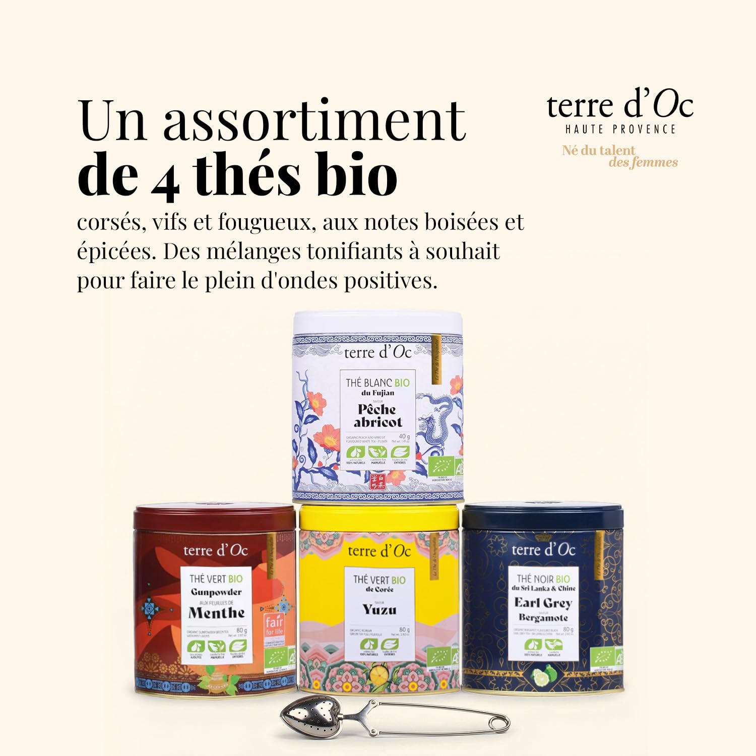 Terre d'Oc - Coffret 4 Thés Bio Ma Journée en Thé + 1 Cuillère Filtre à Thé - Thés Verts, Noirs & Blancs en Vrac - Idée Cadeau Homme et Femme - 65g