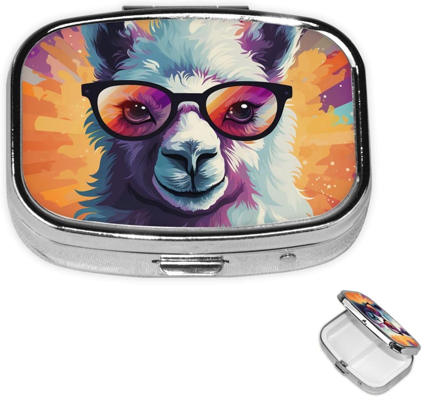 Pill Box Small Medicine Organizer with 2 Compartments Alpaca with Eyes Pill Case for Pocket or Purse Mini Metal Pill Holder Portable Travel Pill Container to Hold Supplements Vitamins