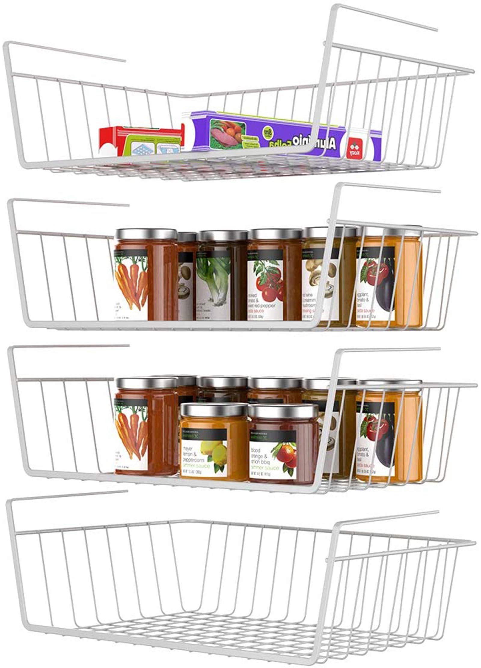Under Shelf Basket, Veckle 4 Pack Under Shelf Wire Baskets Hanging Baskets Under Shelves Storage Rack for Kitchen Bookshelf Pantry Slide-in Baskets Organizer White