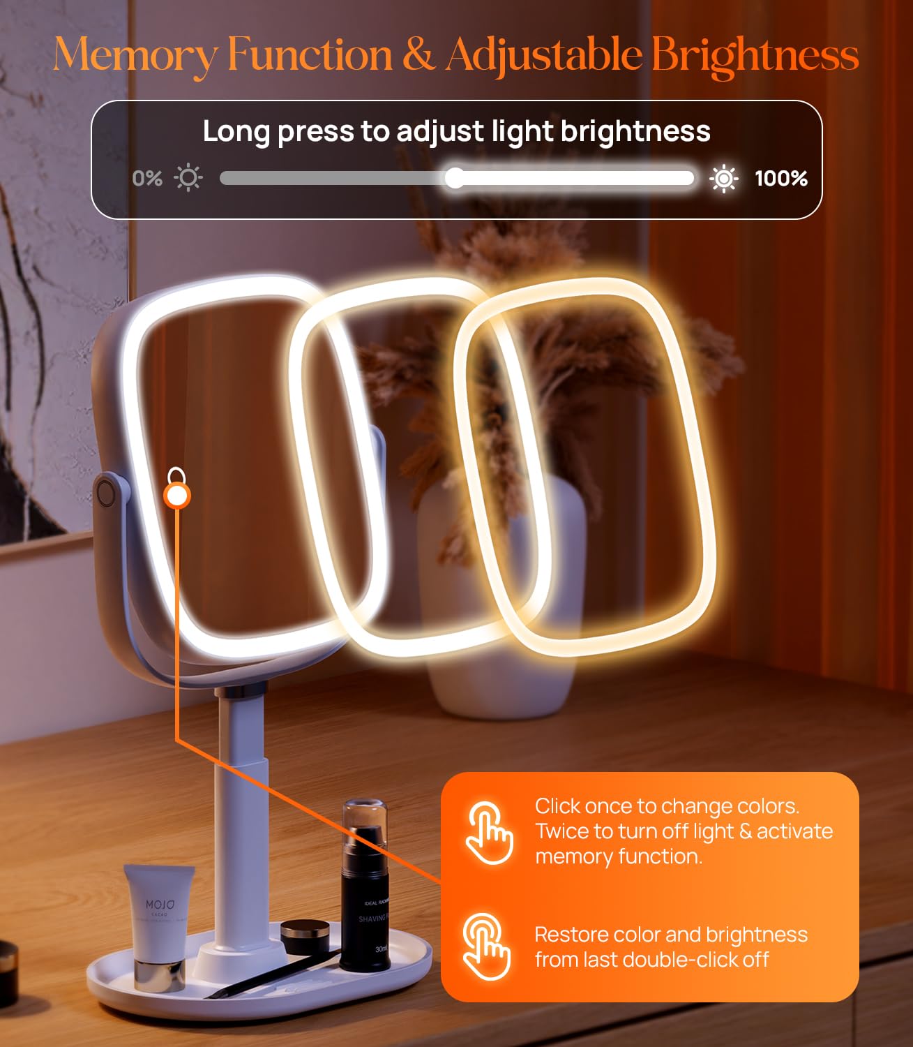 Gospire Espejo de maquillaje iluminado con luces y aumento 1X/10X, base de bandeja y altura ajustable para escritorio, batería recargable de 4000 mAh, 3 luces de color y función de memoria para