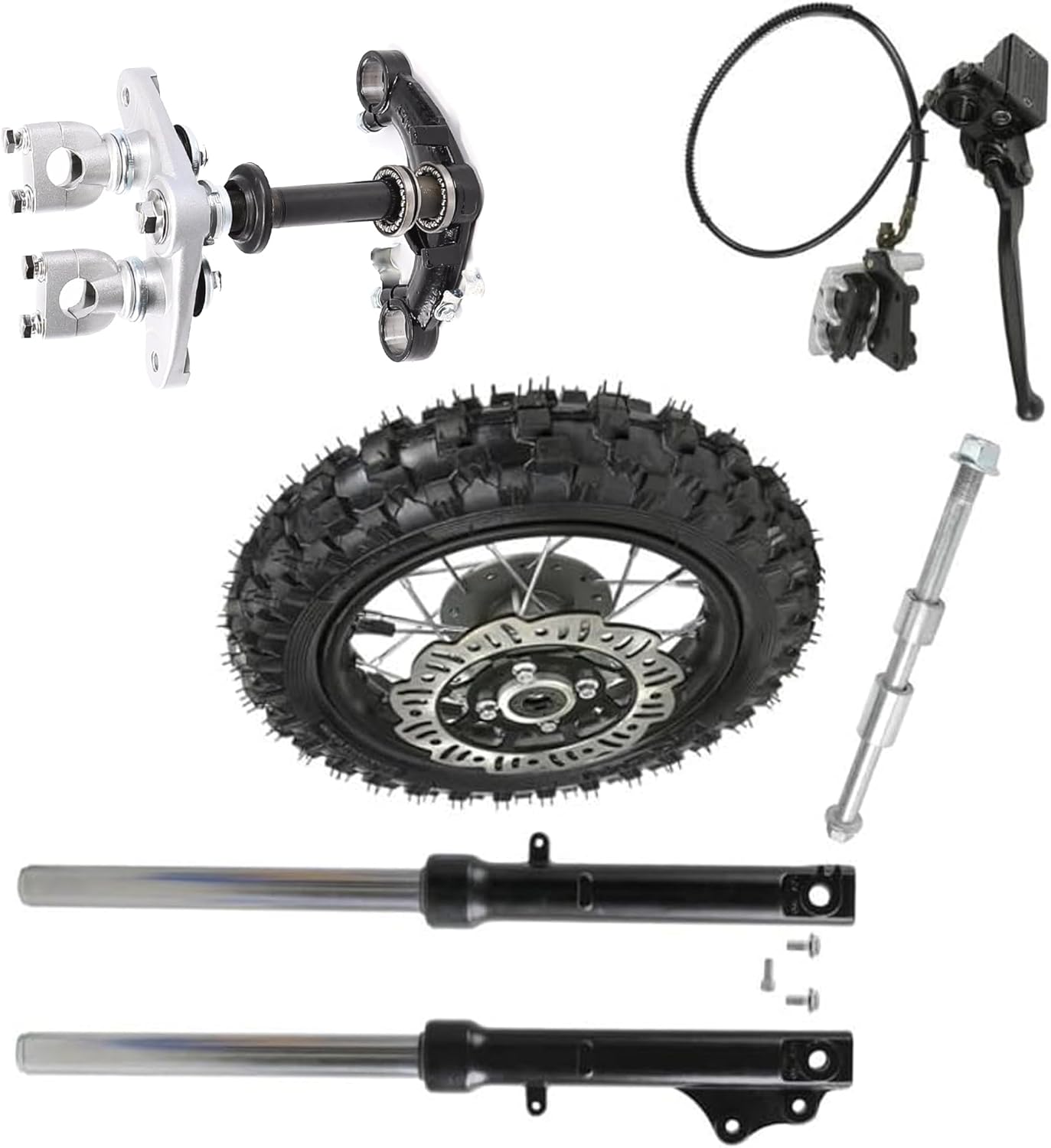 520mm Front Forks with Triple Tree Clamp Assembly & 10" Wheel 2.50-10 Tire Disc Brake 12mm Axle for CRF50 XR50 TTR50 50cc SSR Coolster Apollo 70cc 90cc 110cc Pit Dirt Bike Mini Bike