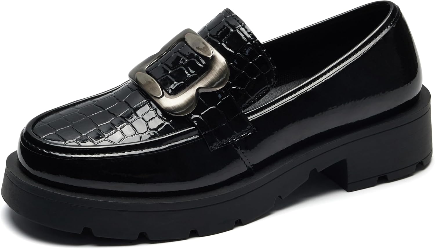 Black/Brown Patent/Matte Leather Platform Loafers for Women, Women's Comfortable Slip-On Chunky Heel Dress Shoes for Work