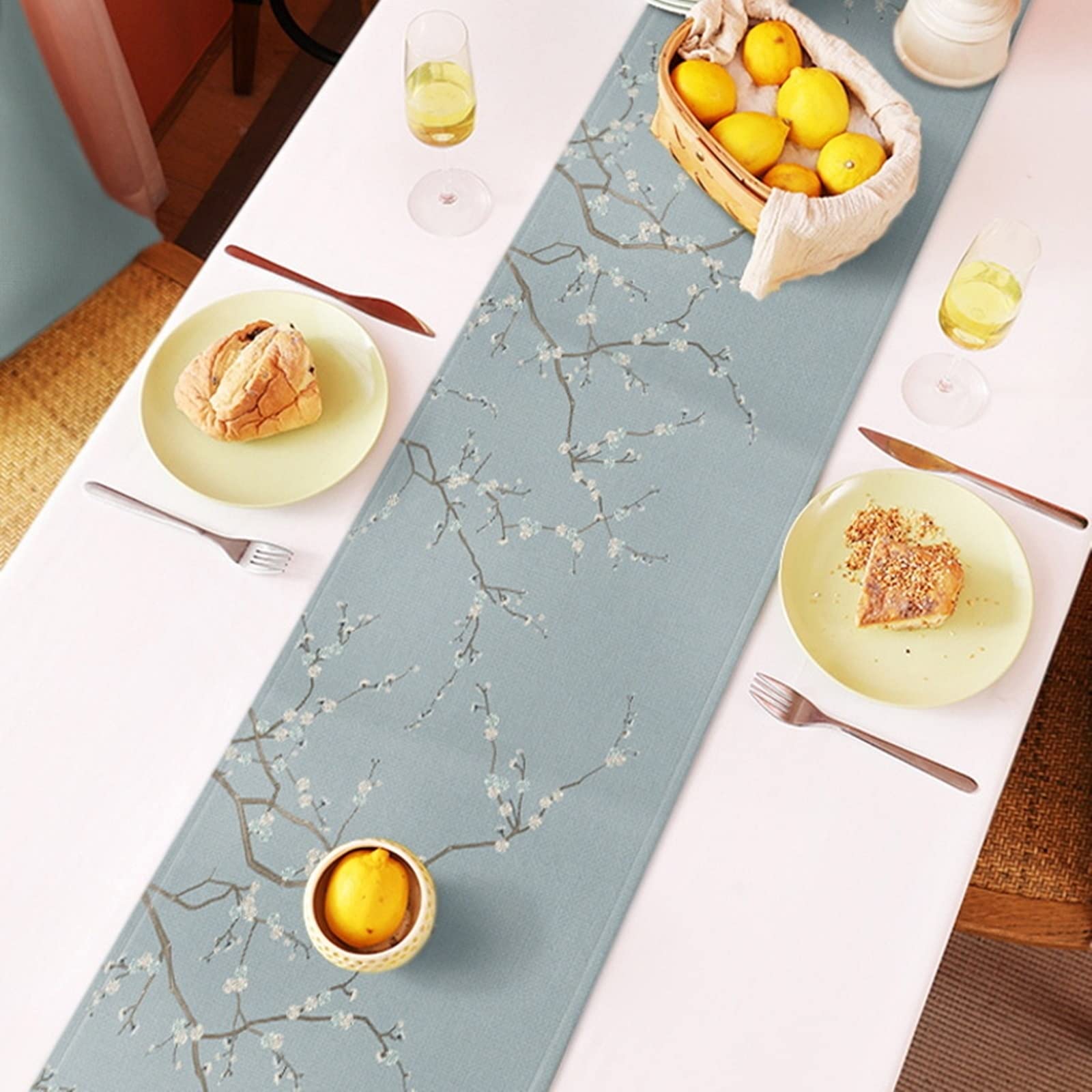 Runner da tavolo naturale azzurro, tovaglia runner con fiori di prugna, in poliestere, 32 x 230 cm, decorazione da tavolo per matrimonio