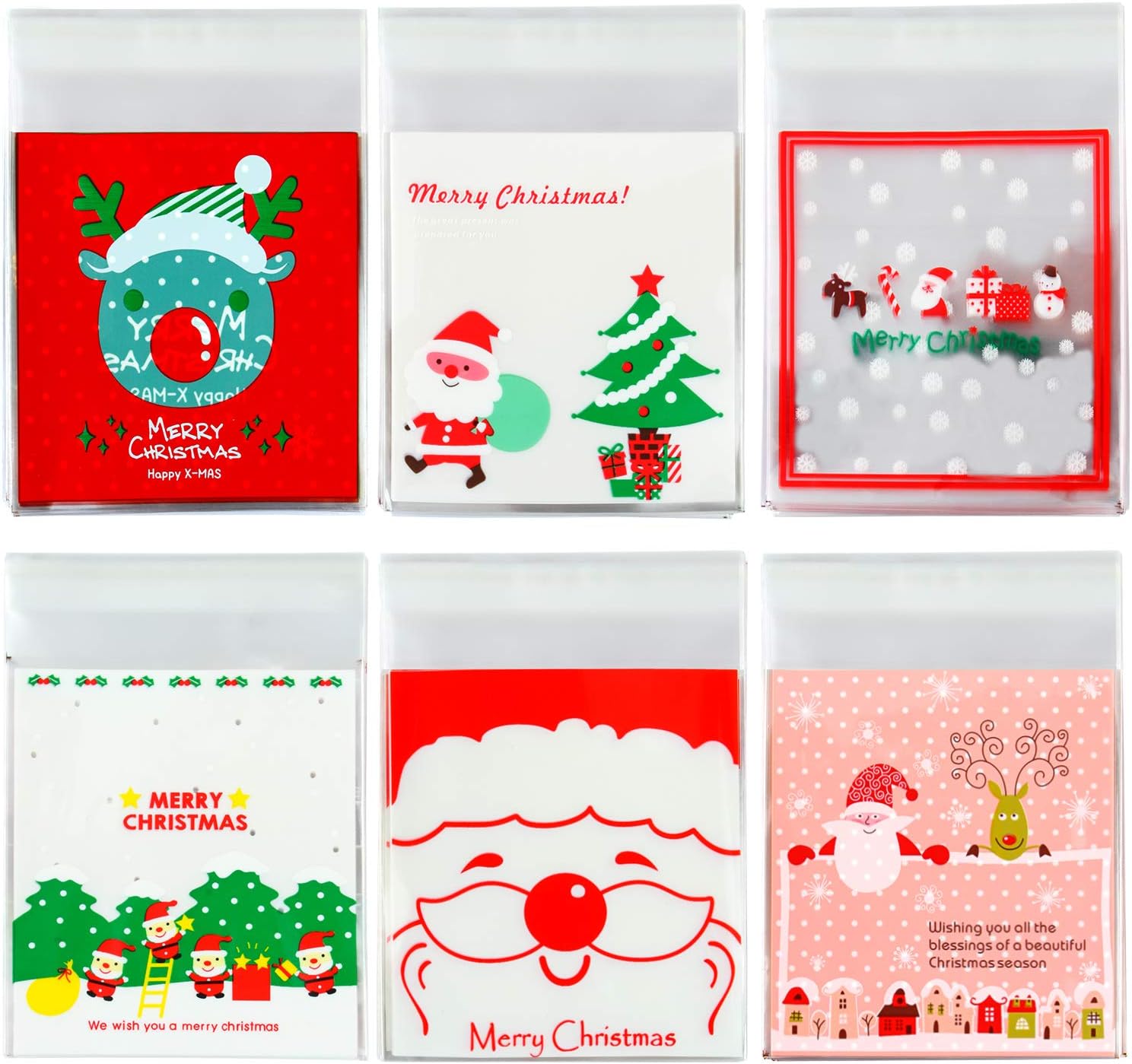 Elcoho 300 Pieces Christmas Cookie Treat Bags Candy Bags Self Adhesive Clear Cookie Bags Trick Cellophane Treat Bags for Party Gift Supplies, 6 Styles