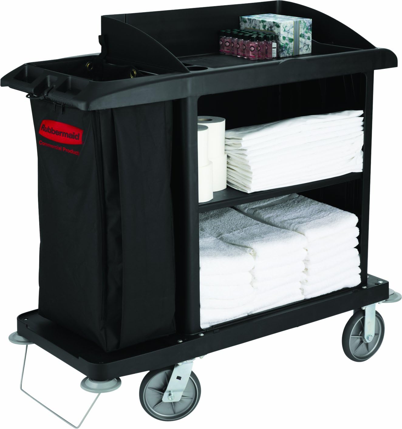 Rubbermaid Commercial Products Compact Housekeeping/Janitorial Cart with Wheels, Black Vinyl Bag, Open Shelves, Holds Towels/Linens/Trash for Hotel/Motel/Hospital/School Facility