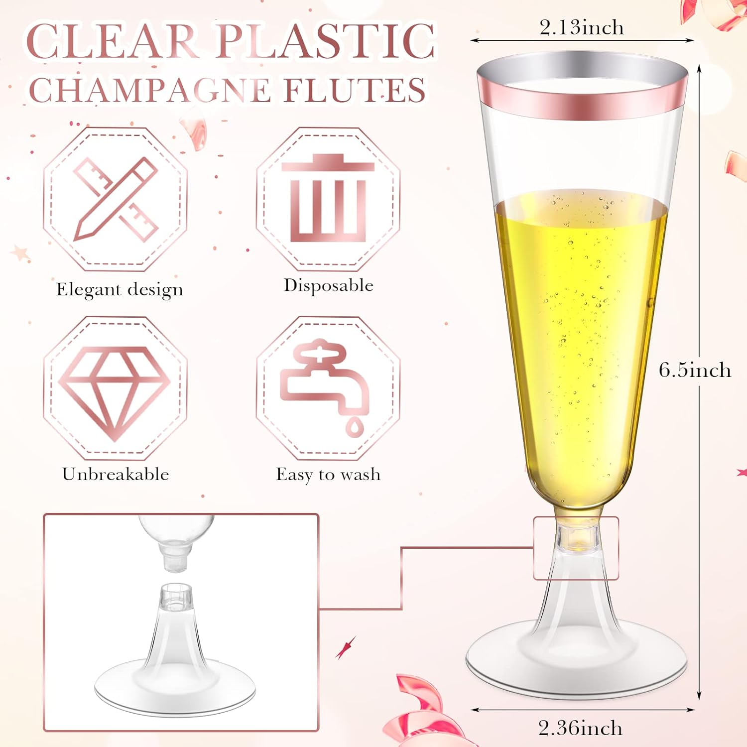 Gerrii 300 Pcs Plastic Champagne Flutes Bulk, 4.5 oz Clear Disposable Champagne Flutes, Rimmed Toasting Glasses for Wedding Birthday Anniversary Celebration Party Wine(Rose Gold Rim)