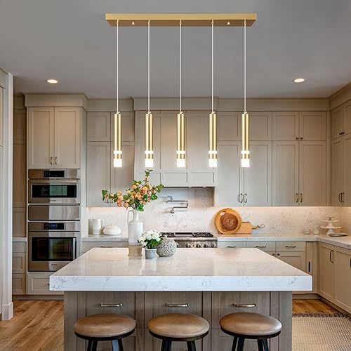 Miniatura 5 de LIANGMH Lámpara colgante moderna de 5 luces para comedor de cocina, regulable, LED, dorado, mini iluminación colgante para isla de cocina, luces