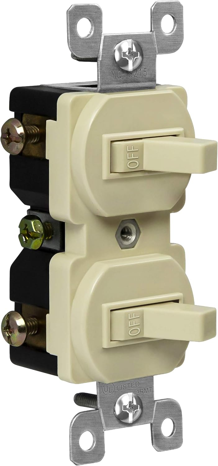 ENERLITES Duplex Double Toggle Light Switch, Single Pole, Side, Copper Wire Only, Grounding Screw, Residential Grade, 15A 120V, UL Listed, 82150-I, Ivory