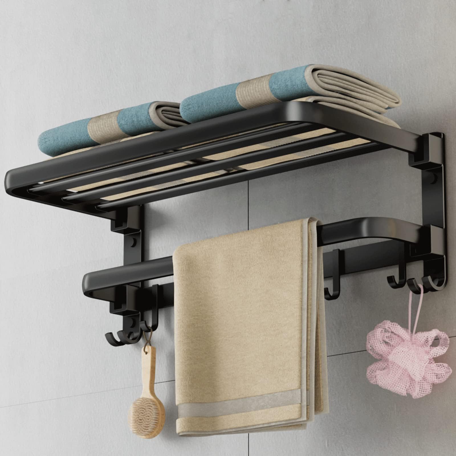 Yariwiz Matte Black Towel Rack Wall Mounted No Drill and Screw Mounting, Bathroom