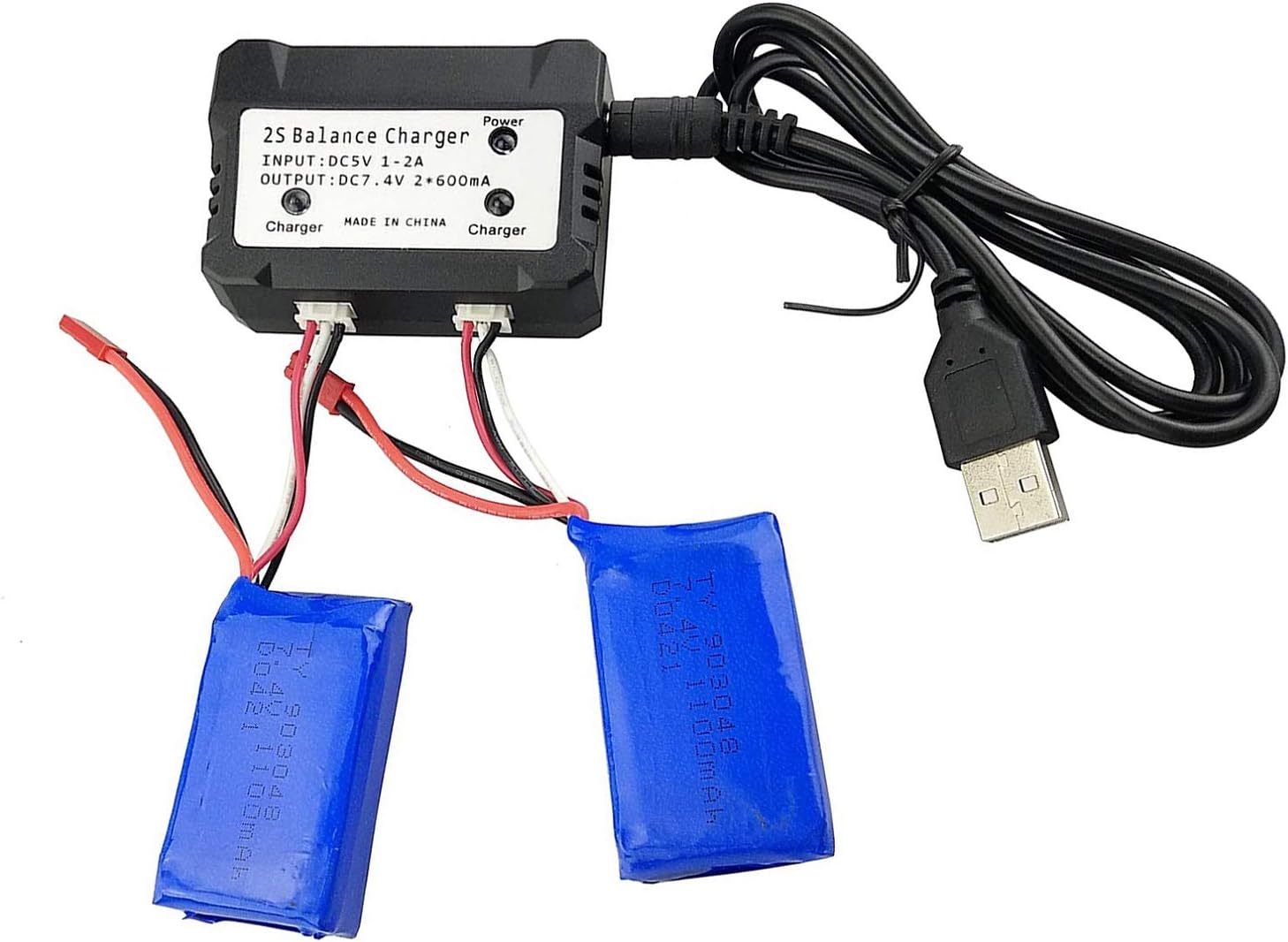 7.4V 1100mAh Lithium Batteries（2 Pcs） with 2 in 1 Charger for WLtoys A949 A959 A969 A979 S989 V912 T23 T55 F45 RC Remote Control Car Battery