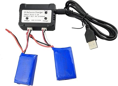 7.4V 1100mAh Lithium Batteries2 Pcs with 2 in 1 Charger for WLtoys A949 A959 A969 A979 S989 V912 T23 T55 F45 RC Remote Control Car Battery