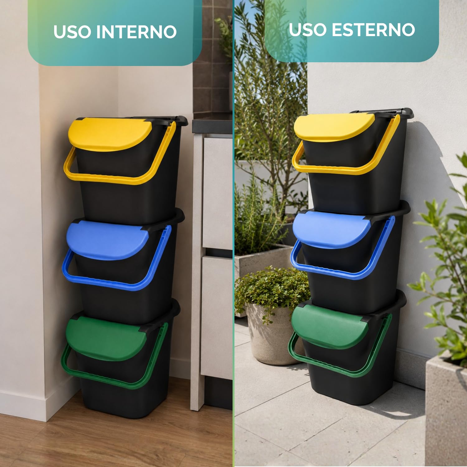 PALUPLUS Set 3 Pattumiere a Torre per Raccolta Differenziata, misura 40x40x44 cm, Capacità 30 Litri, Bidoncini Spazzatura Salvaspazio Impilabili, 2 Maniglie, Colori Giallo, Verde e Azzurro -1587F