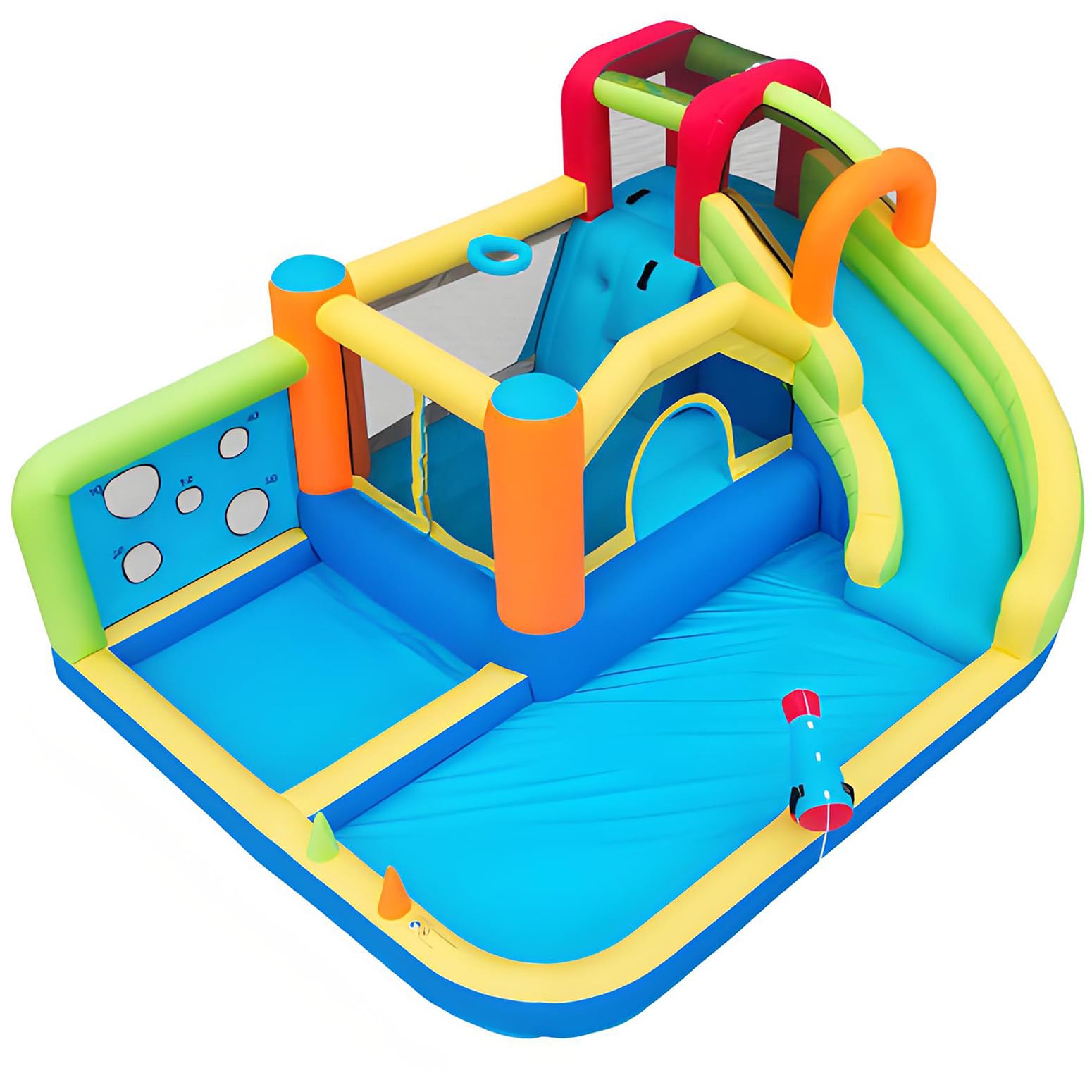 Castillo Hinchable Parque Acuático Multifuncional + Parque de Trampolines para Niños, Tobogán, Muro de Lanzamiento, Canasta de Baloncesto, Muro de Escalada, Incluye Ventilador de 450W, Carga Máx 180kg