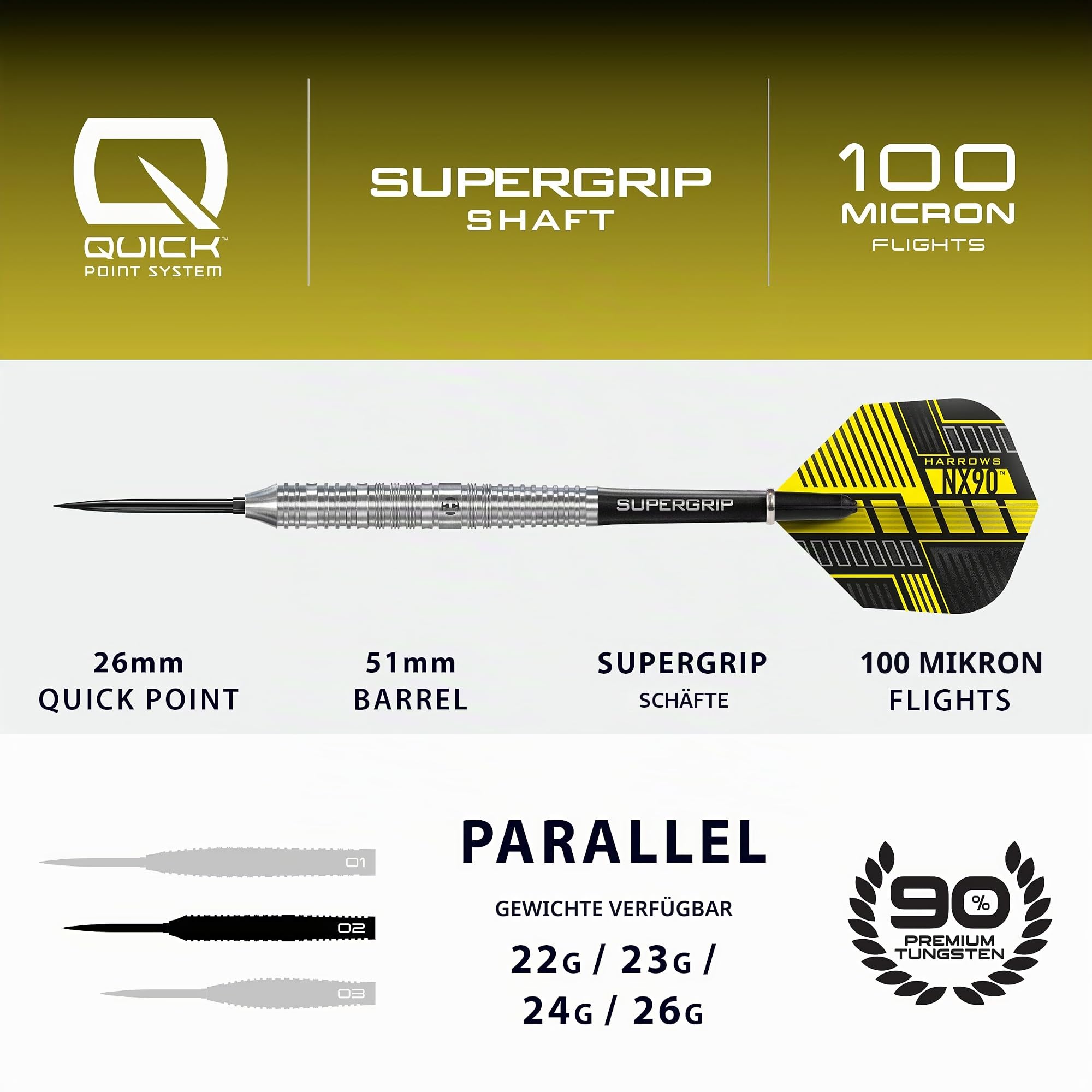 Harrows NX90 Parallel Shape Dartset | Professionelles Dartset mit 90% Wolfram-Stahlspitzen | 10-teiliges Set mit schwarzen Supergrip Midi-Schäften und NX90 Flights