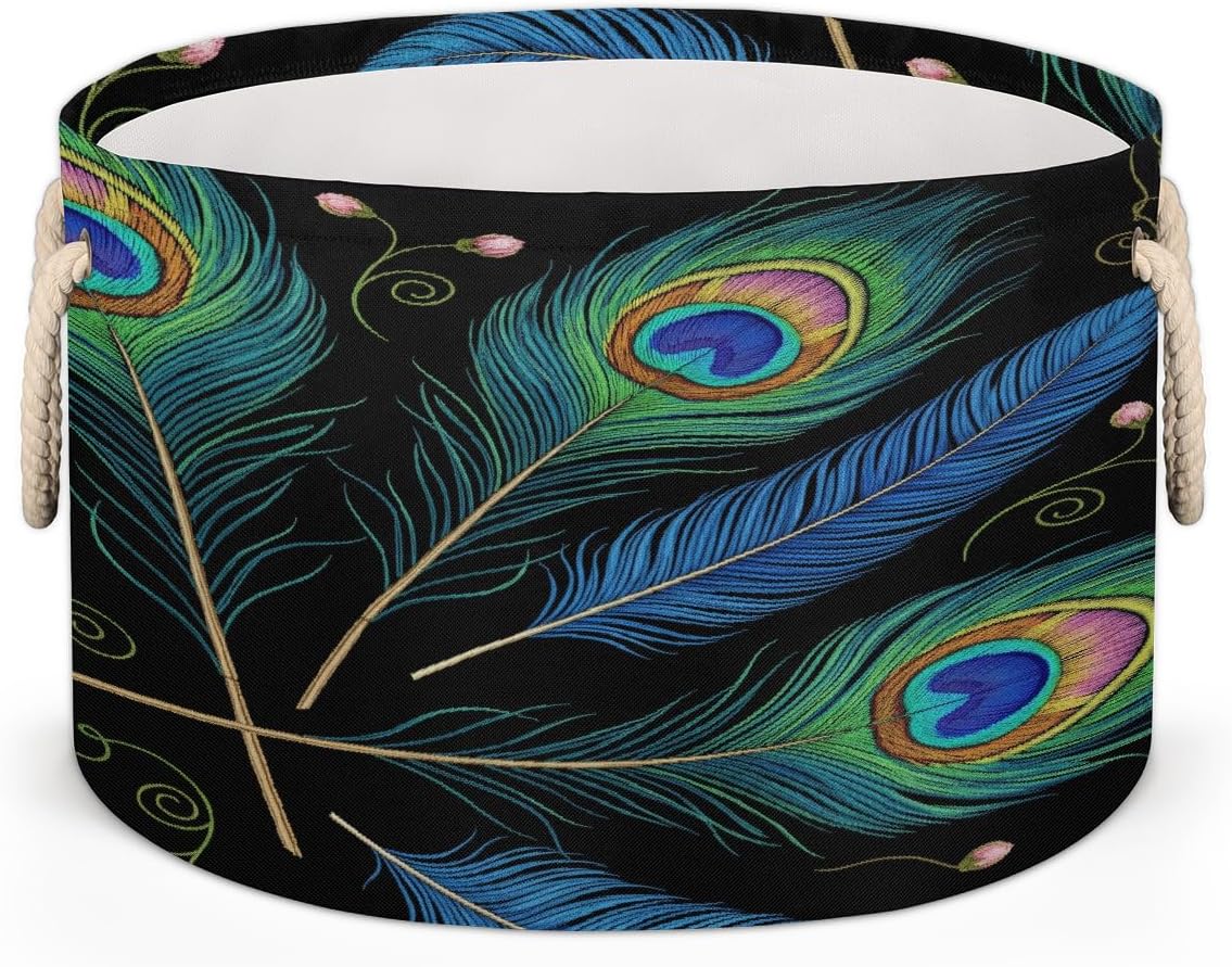 Large Storage Baskets Peacock Feather Nursery Round Collapsible Organizer Bin Box, Laundry Hamper for Kids Toys, Blanket, Bedroom Living Room Home Decor, Gift Basket, 19.4"x13.3"