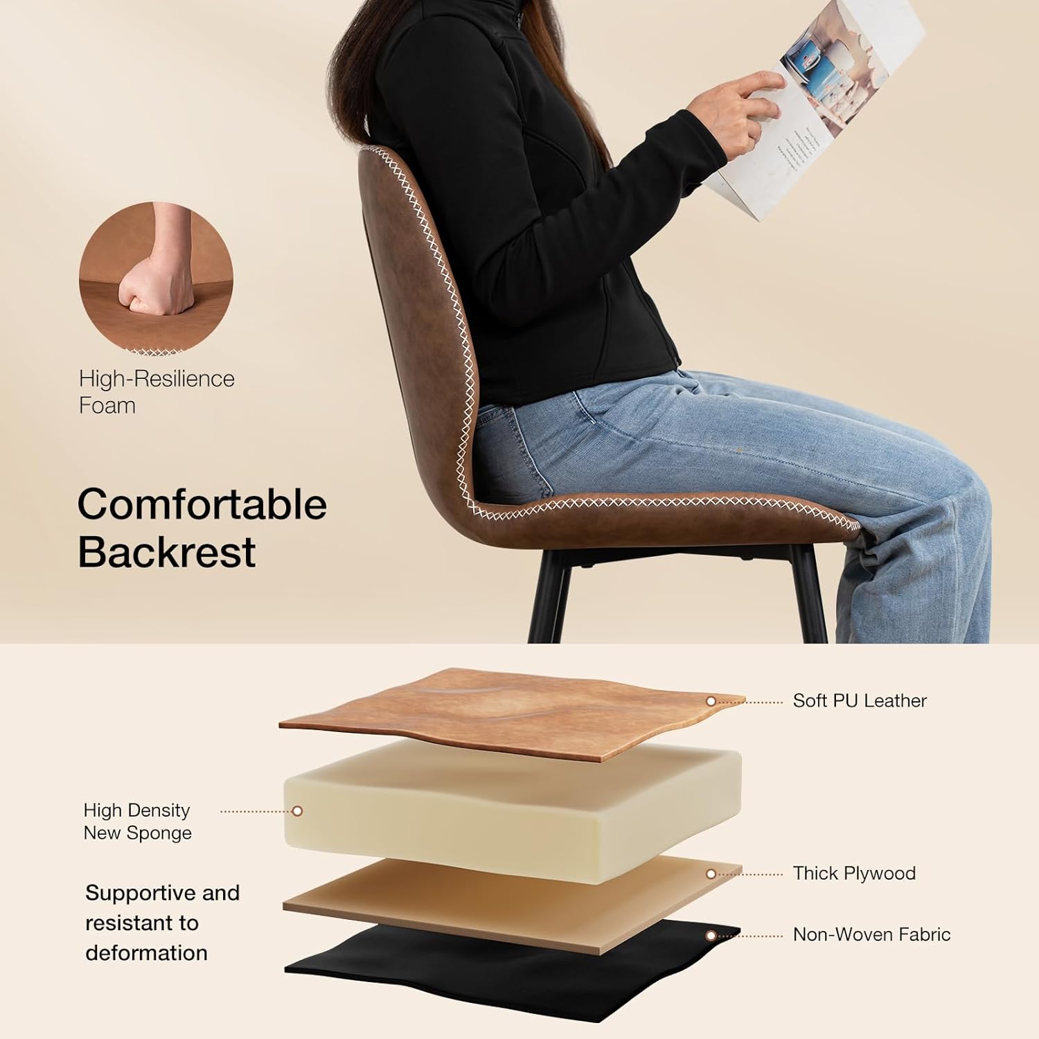 HOMMPA Counter Height Bar Stools Set of 3 Faux Leather 24'' Countertop Stool Chairs with Metal Legs Ergonomic Back Barstools for Kitchen Island Home Brown