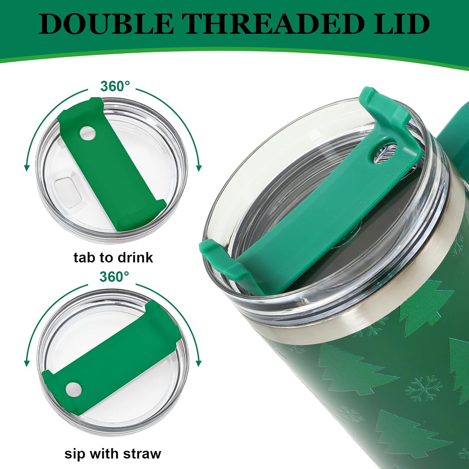 JarThenaAMCS Christmas Tumbler with Lid Straw Stainless Steel Cup 40oz 5D Green Christmas Tree Snowflake Tumbler with Handle for Xmas Winter Home Office Travel - Image 3