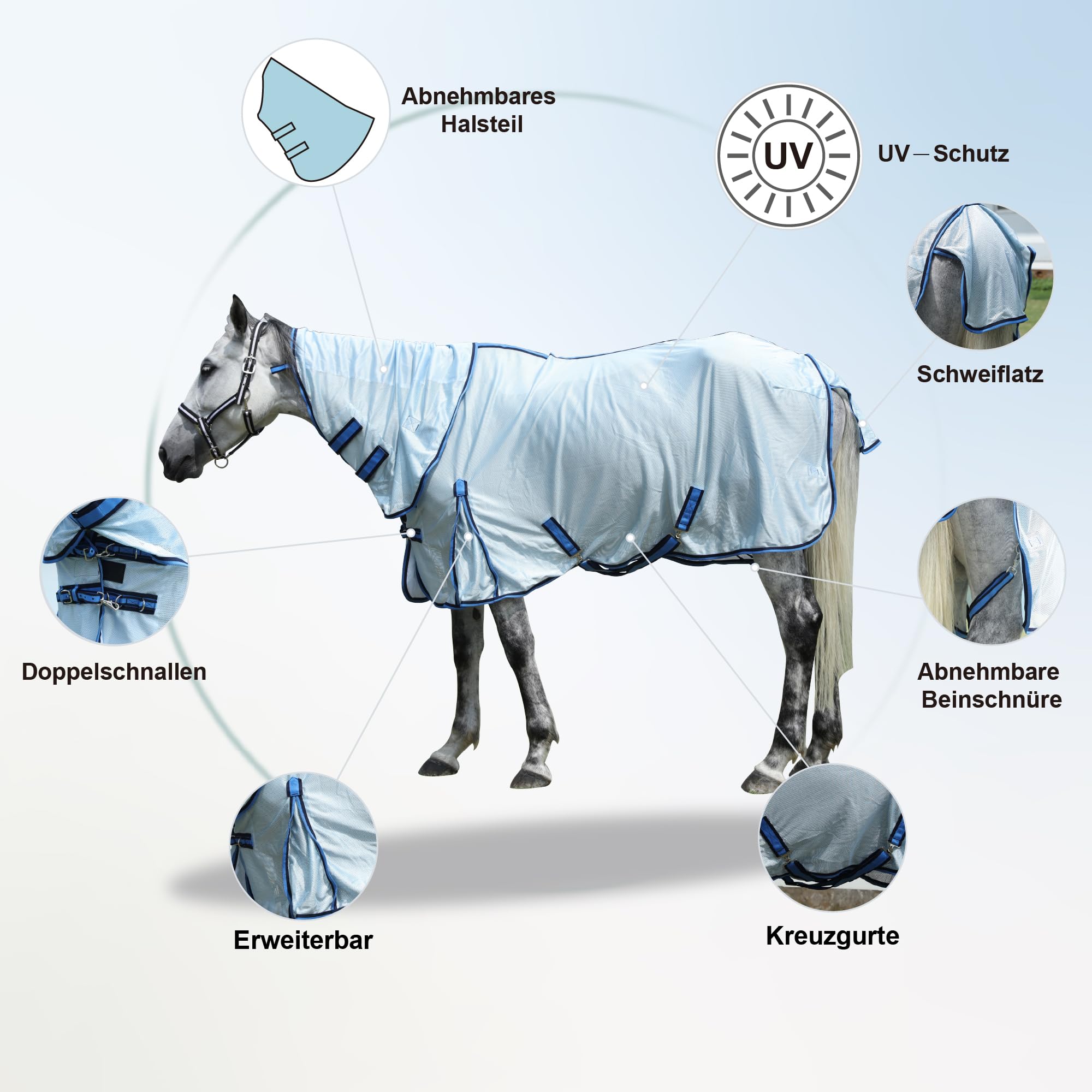 Manta antimoscas para caballo, transpirable, con cuello extraíble, color azul, 120 cm | Manta de verano ligera con correa cruzada ajustable, tejido de malla grande y gran comodidad para caballos sensibles