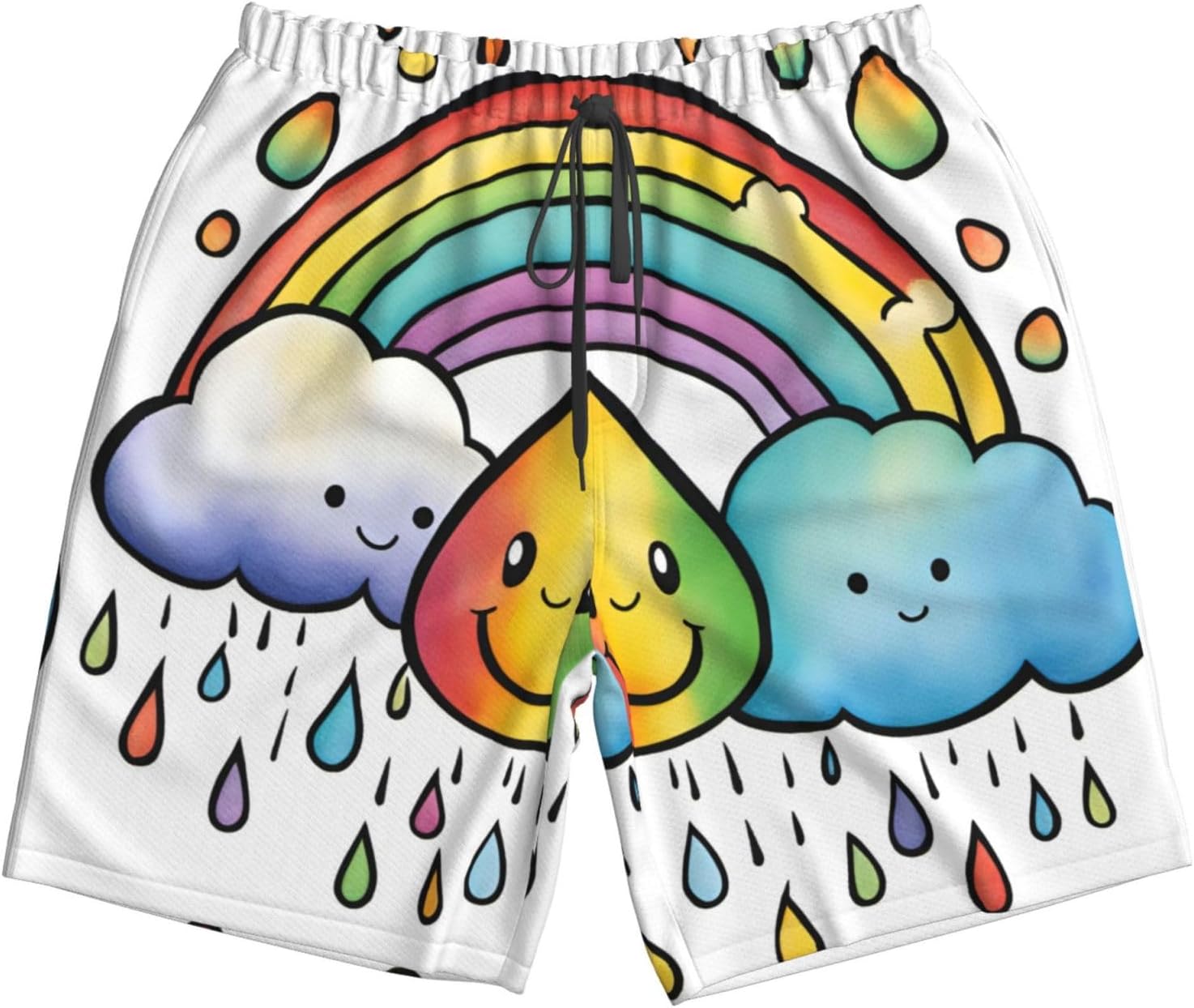 Mens Rainbow Clouds Raindrop Print Beach Shorts,Casual Summer Shorts for Men,Quick Dry Polyester
