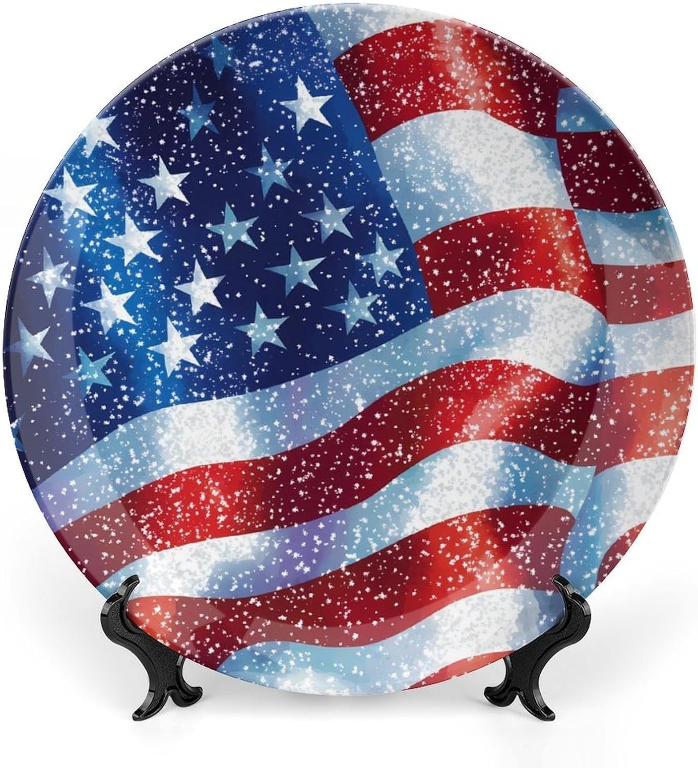 Us Flag Bone China Decorative Plate with Stand Home Dessert Plates Gift for Men Women 6inch