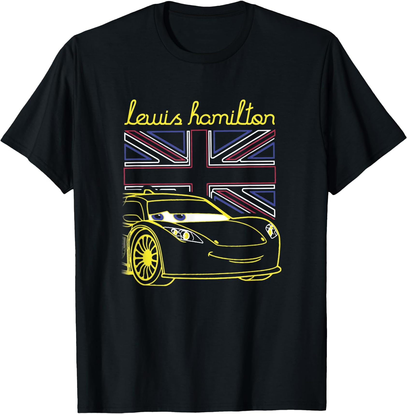 Disney Pixar Cars 2 Lewis Hamilton UK Flag Neon Portrait T-Shirt
