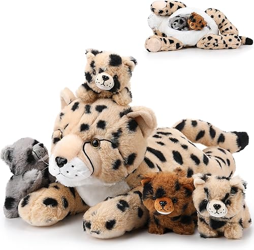 Miniatura 7 de Juego de 5 piezas de animales de peluche de guepardo de 14 pulgadas, adorable peluche de mamá guepardo con 4 lindos cachorros en su barriga, suave