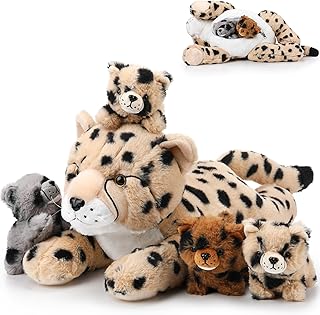 5 Pcs Cheetah Stuffed Animals Set Large Mommy Cheetah Plush with 4 Soft Cuddly Baby Cubs in Her Tummy for Boys Girls Birthday Graduation Gifts Forest Party Decors (Lying Style)