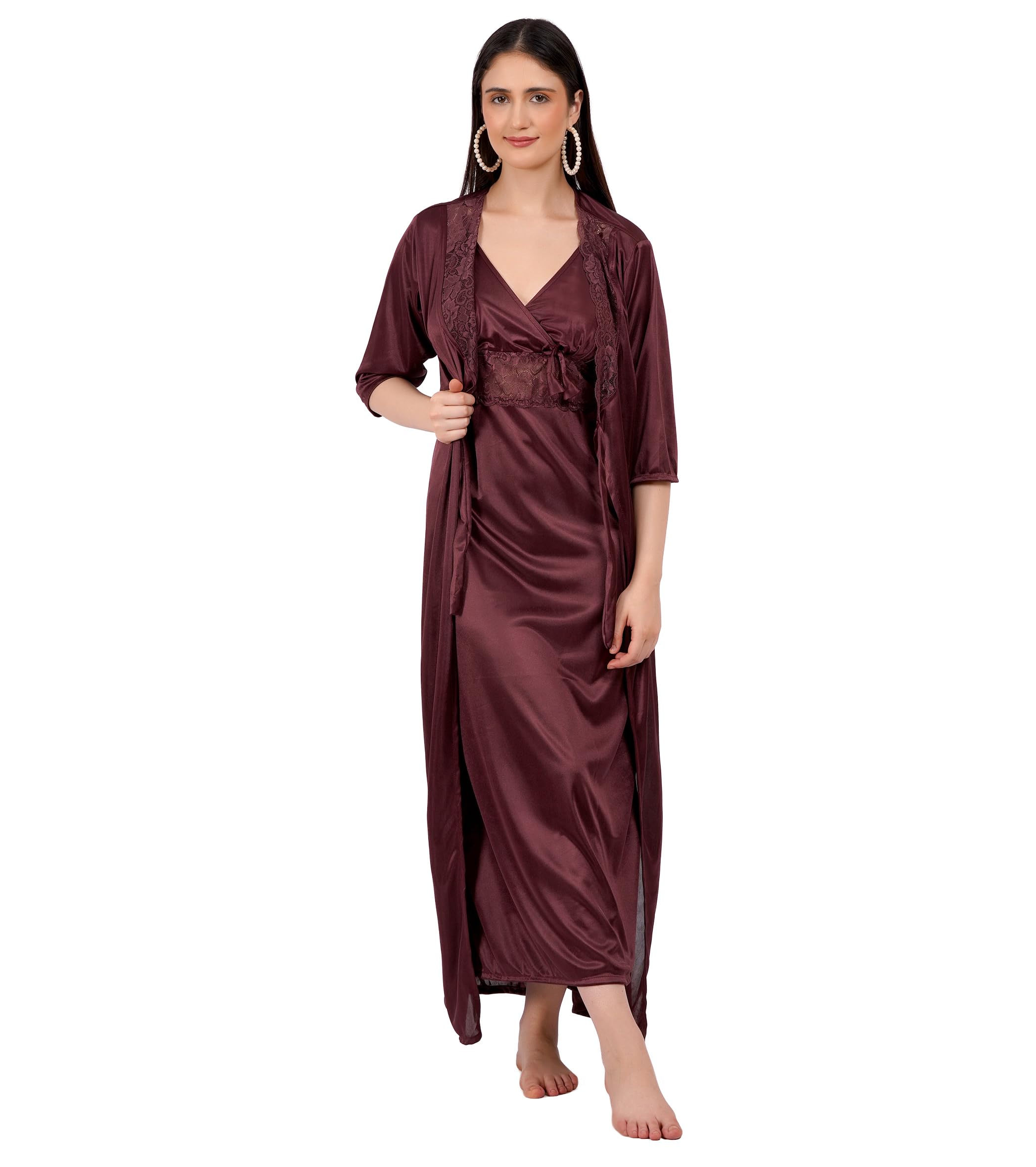 Women's Satin Nighty with Robe, 2 Pcs Nightdress Set-image-15