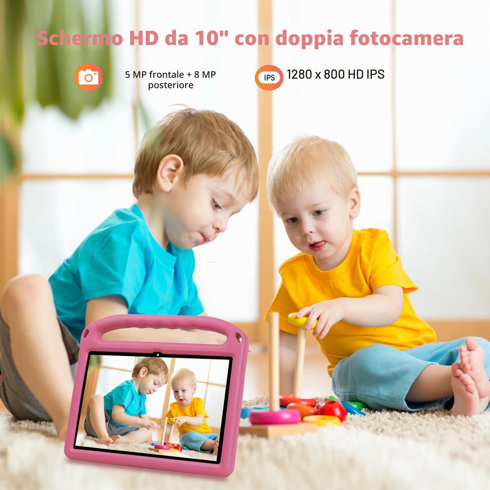 weelikeit Tablet per bambini aggiornato 2024 da 10 pollici Android 14 con custodia, 8 (4+4) GB di RAM 128 GB di ROM, Bluetooth WLAN, controllo bambini, schermo HD, batteria da 6000 mAh, rosa