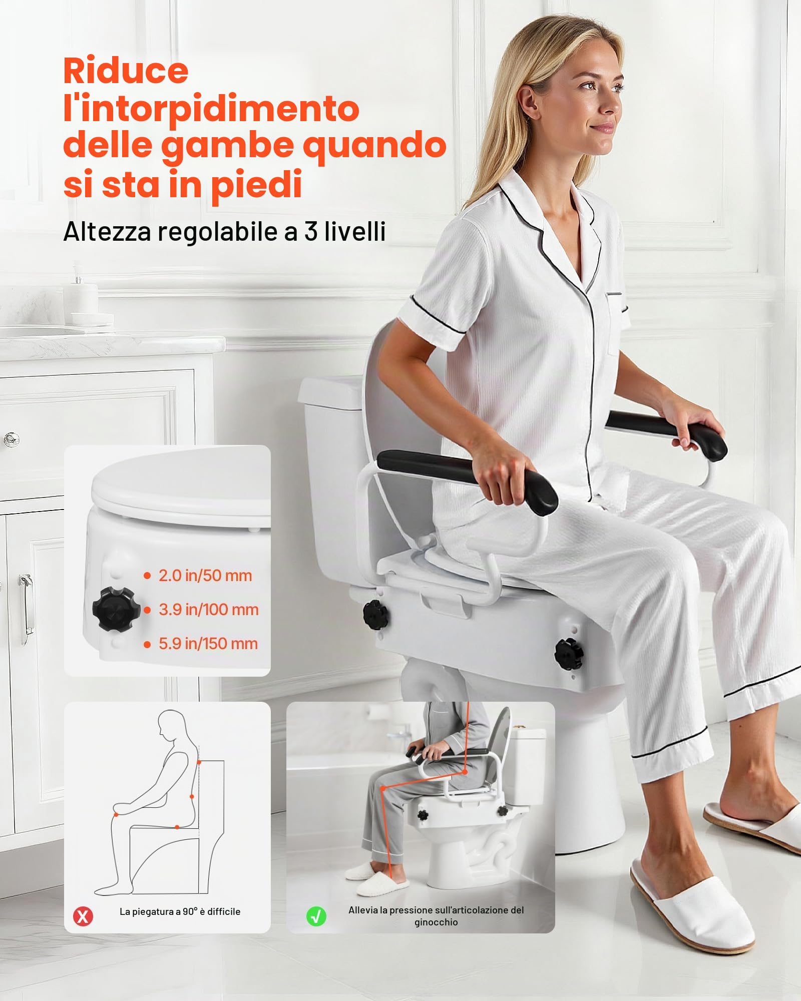 VEVOR Sedile Sollevabili di Ausilio Mobilità con Capacità di Carico di 136 kg e Altezza di Sollevamento di 101,6 mm e Coperchio per WC, con Maniglie Imbottite per Anziani, Donne Incinte