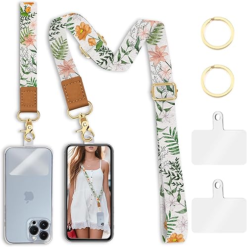 Miniatura 1 de Correa de muñeca cruzada para teléfono, cordones de flores para teléfono celular alrededor del cuello, correa de teléfono floral ajustable para